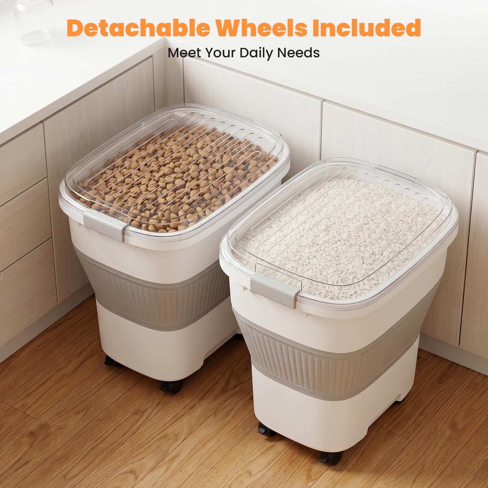 NURYO 50 Lbs Rice Storage Container with Wheels, Large, Grey/50lbs
