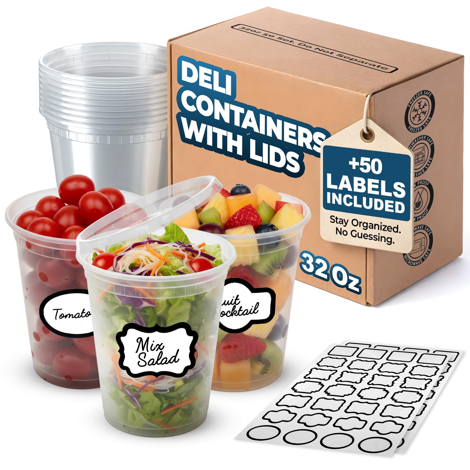 [50 Sets] 32 oz Deli Containers with Lids & Two (2) Label Sheets – Leakproof …