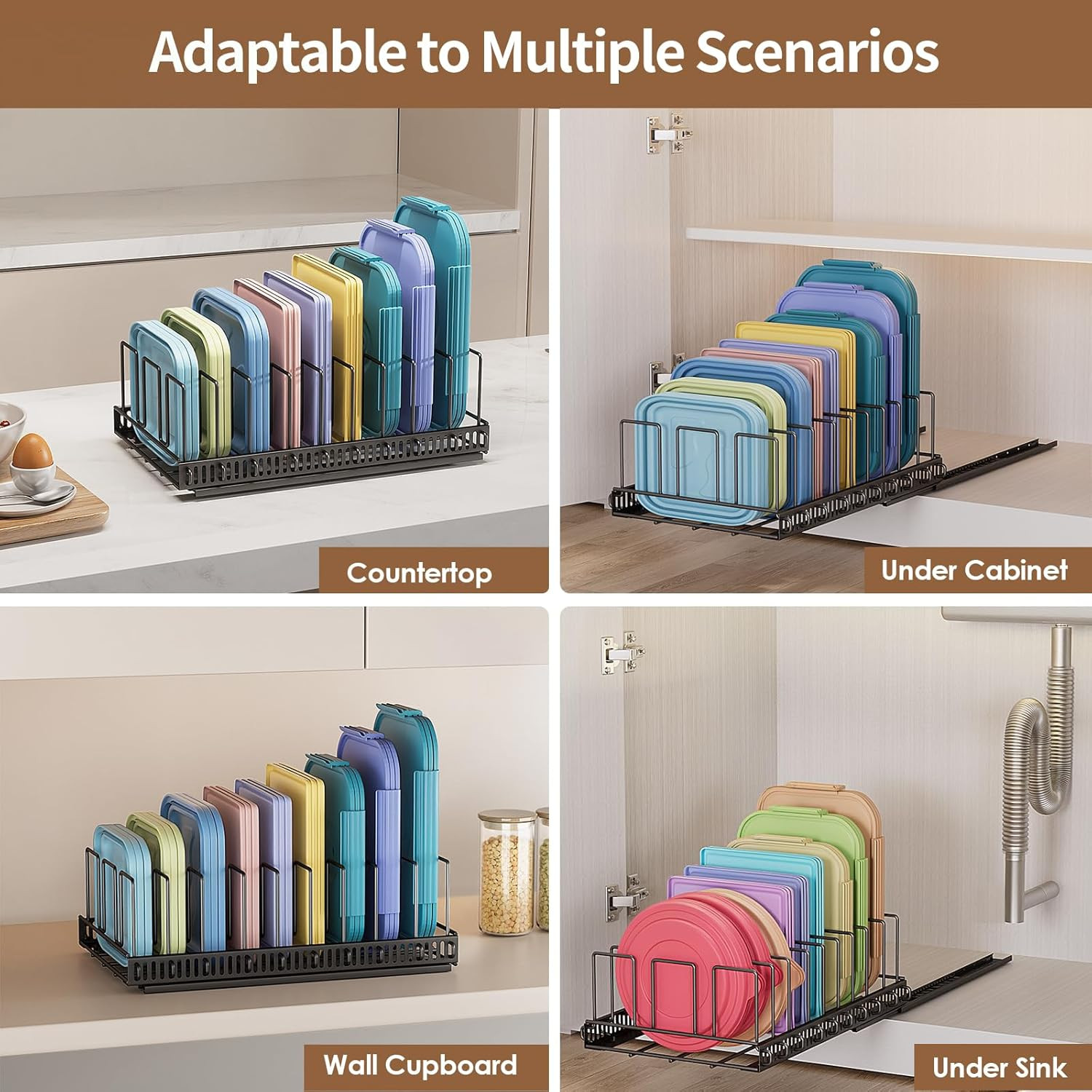 Sliding Lid Organizer for Tupperware – Pull Out Rack with 10 Dividers