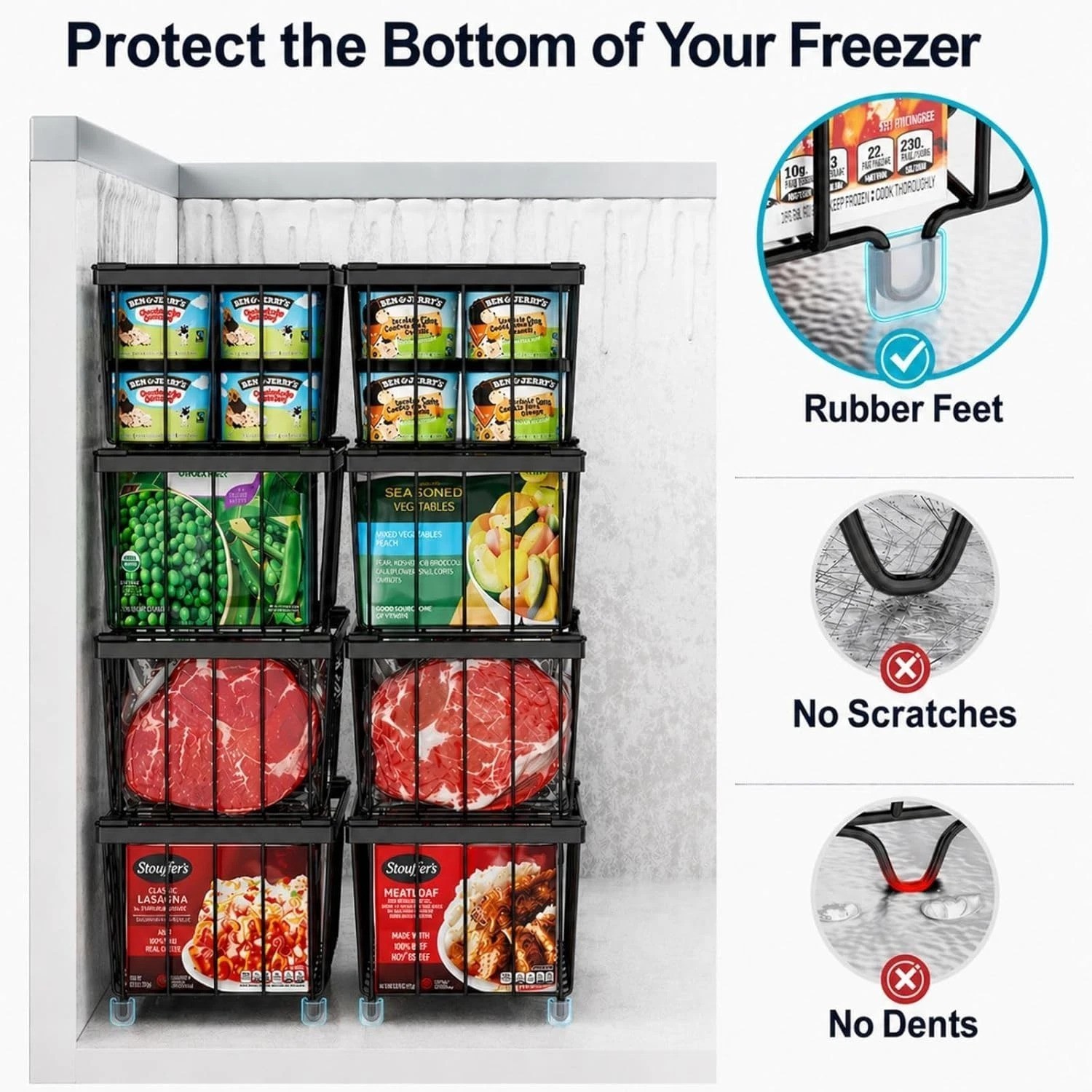 8pc Freezer Organizer Bins 14.7″ Stackable Metal Baskets Rust-Resistant