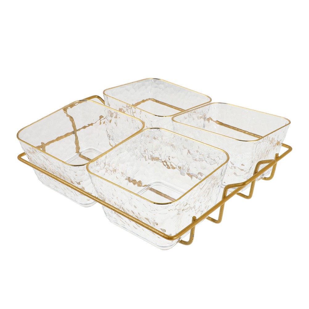 Four Compartment Clear Acrylic Snack Tray Bowl With Metal Rack For Serving
