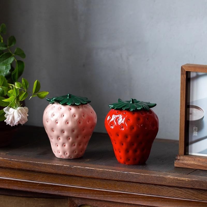 123Arts Container Strawberry Candy Dish Ceramic Food Storage with Seal Pink
