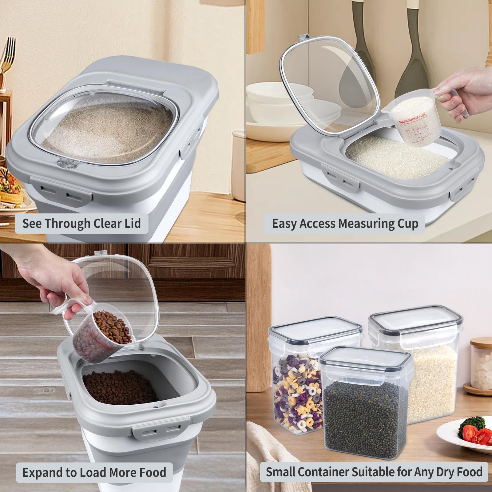 Komzon Rice Storage Container, Collapsible Airtight Food Gray
