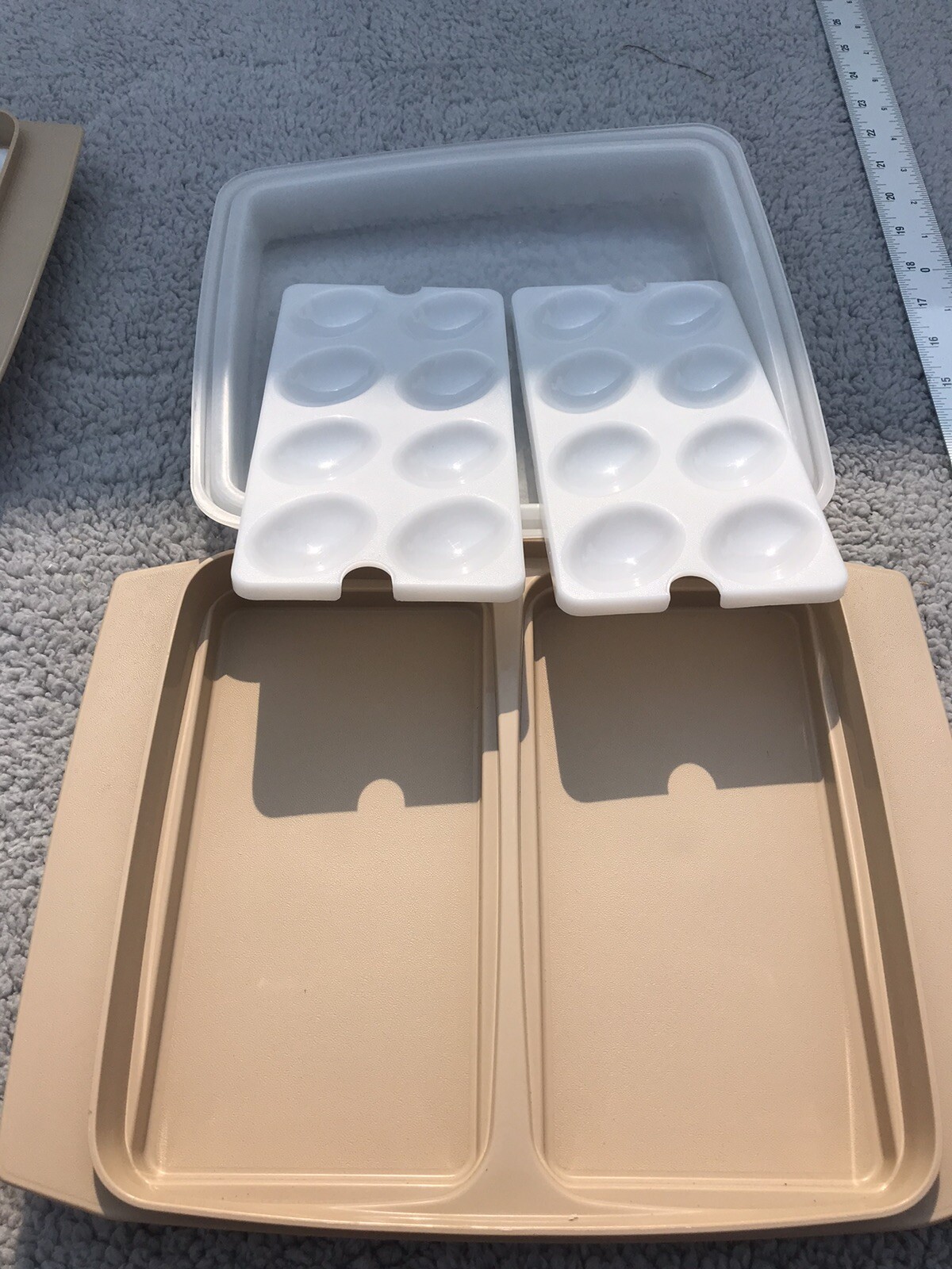 Vtg Tupperware Deviled Egg Keeper Carrier Tray Container 4 Pc Beige Almond Set