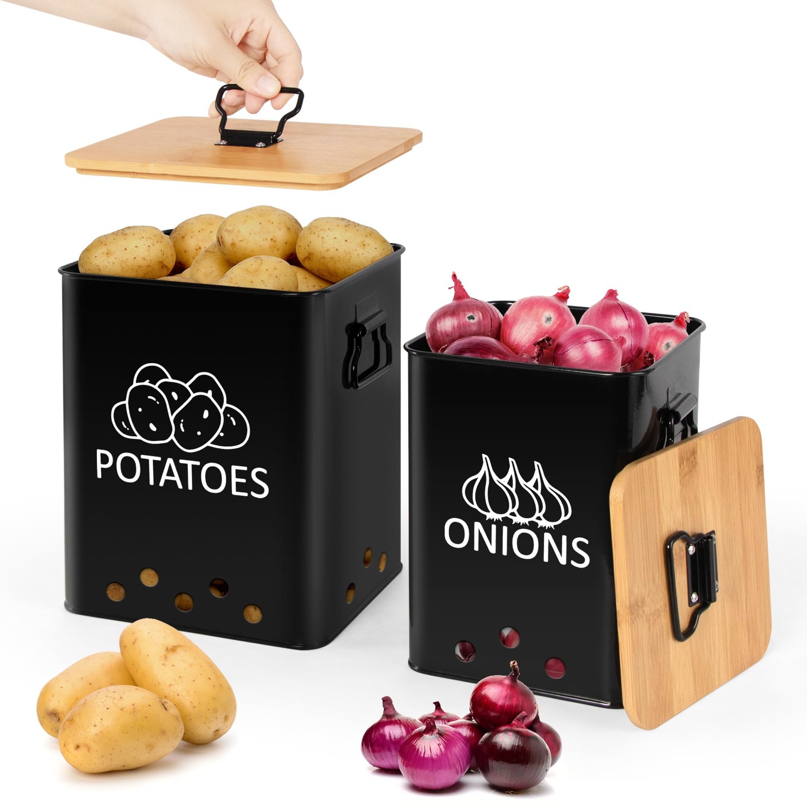 Potato and Onion Storage Bin, Set of 2 Vegetable Storage Tins with Wooden Lid…