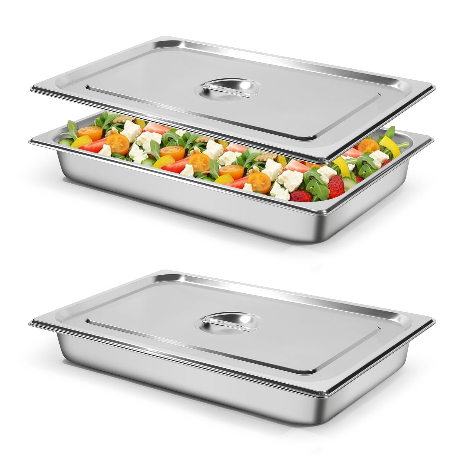 2 PCS Hotel Pan 1/1 Size 16.6 Qt Stainless Steel Steam Lid 2.5 Inch Deep