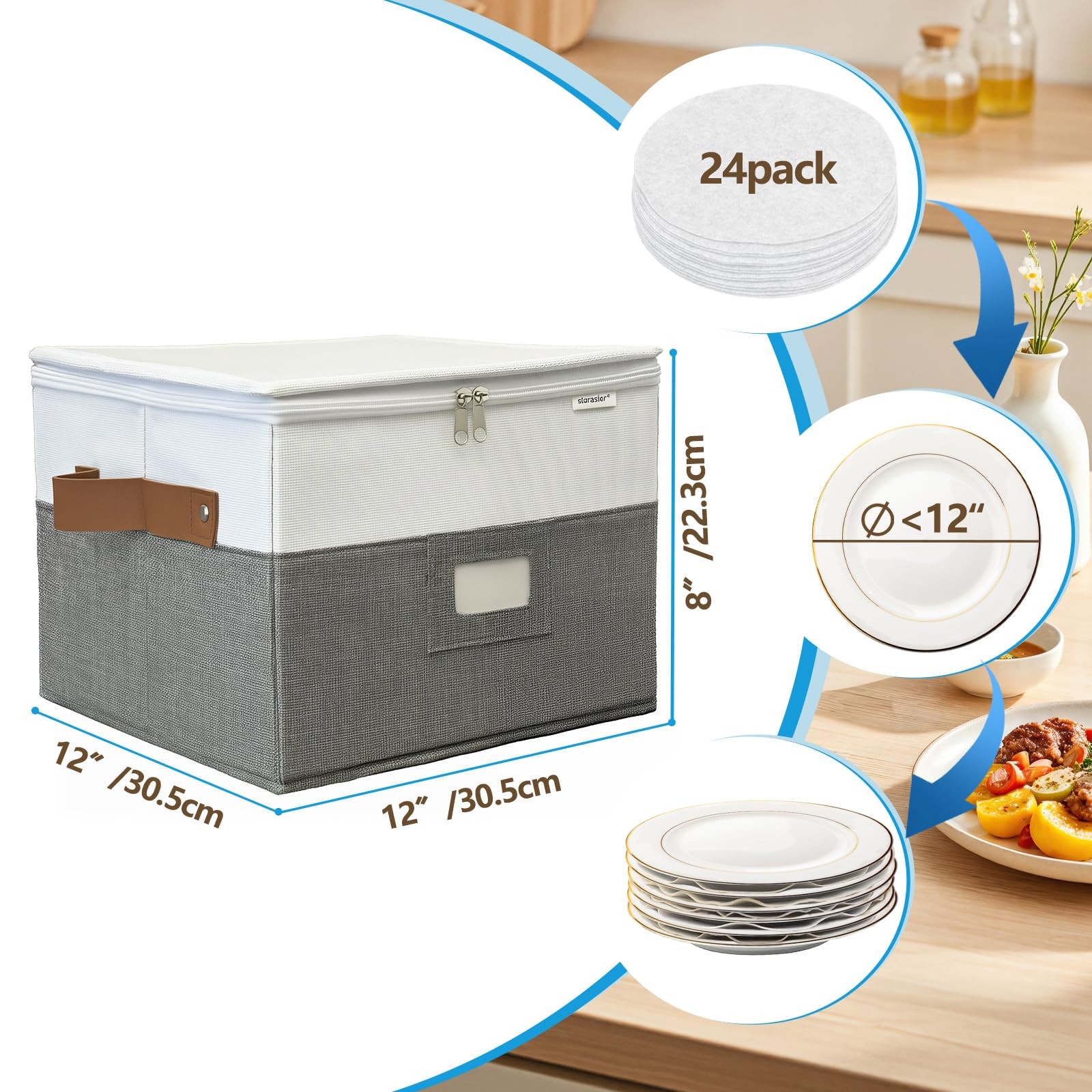 2 PCS 12x12x8 Inch Grey Quilted Dish China Plate Storage Container Stackable Lid