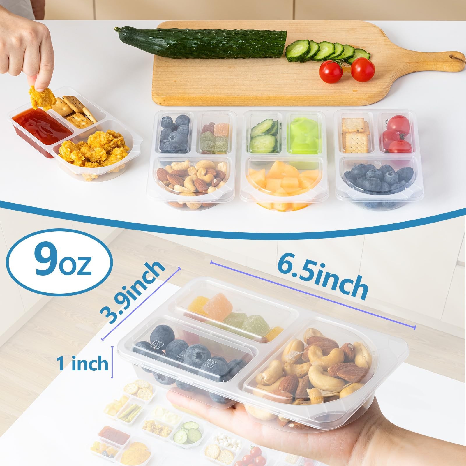 9oz Reusable Snack Containers with Lids for Kid, New 3 Compartment Large Capa…