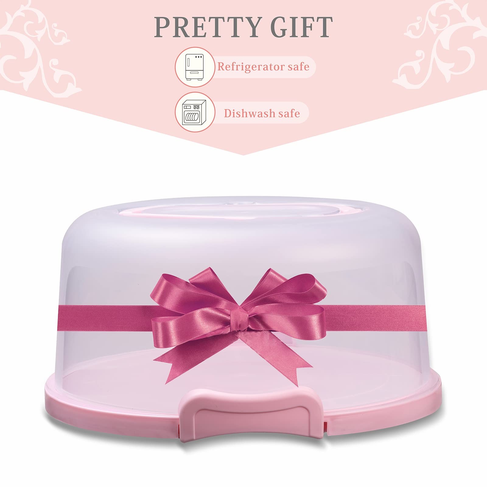 10in Plastic Cake Carrier with Handle, Round Cake Holder with Lid Pink Cake C…