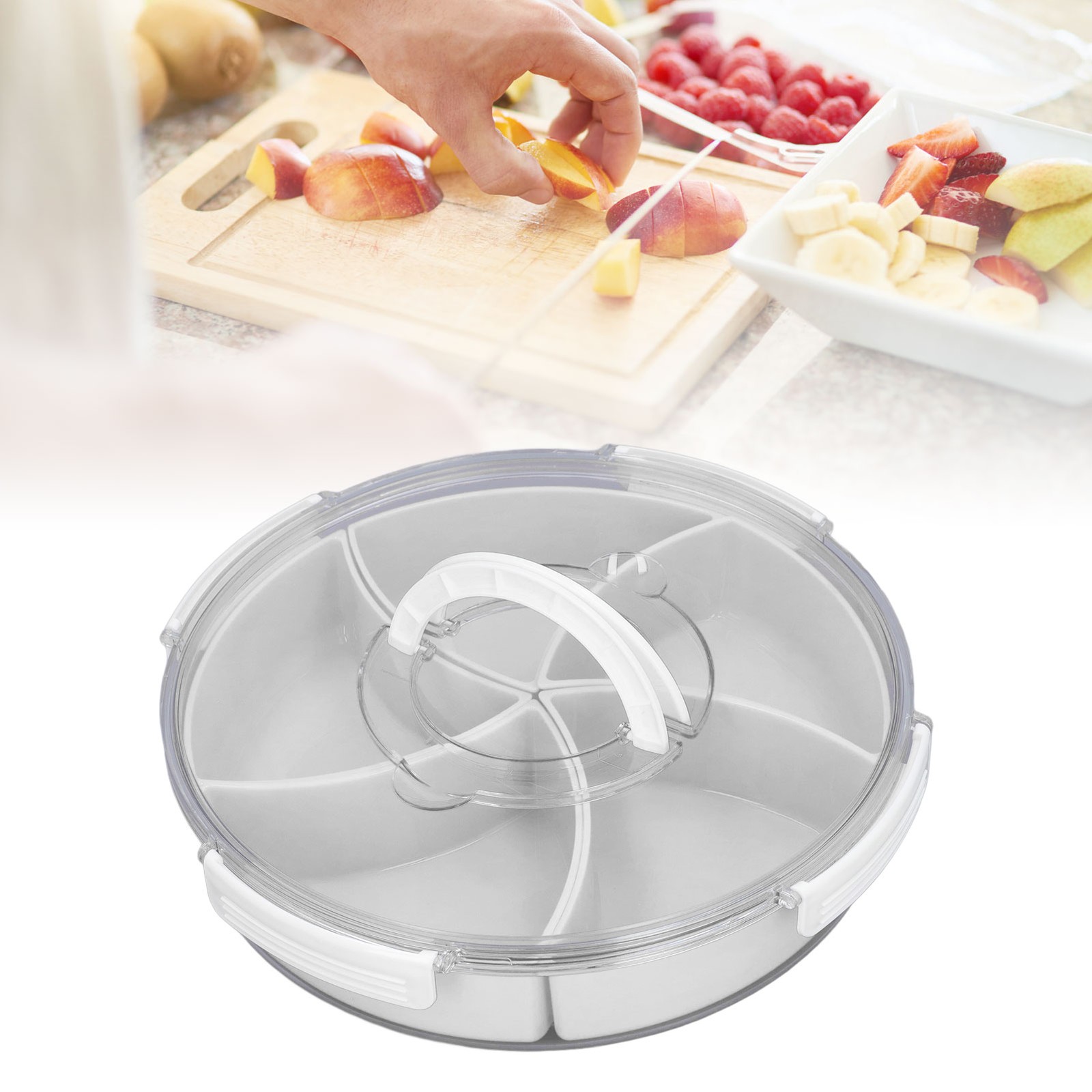 White 5-Compartment Rotating Snack Box with Lid & Handle