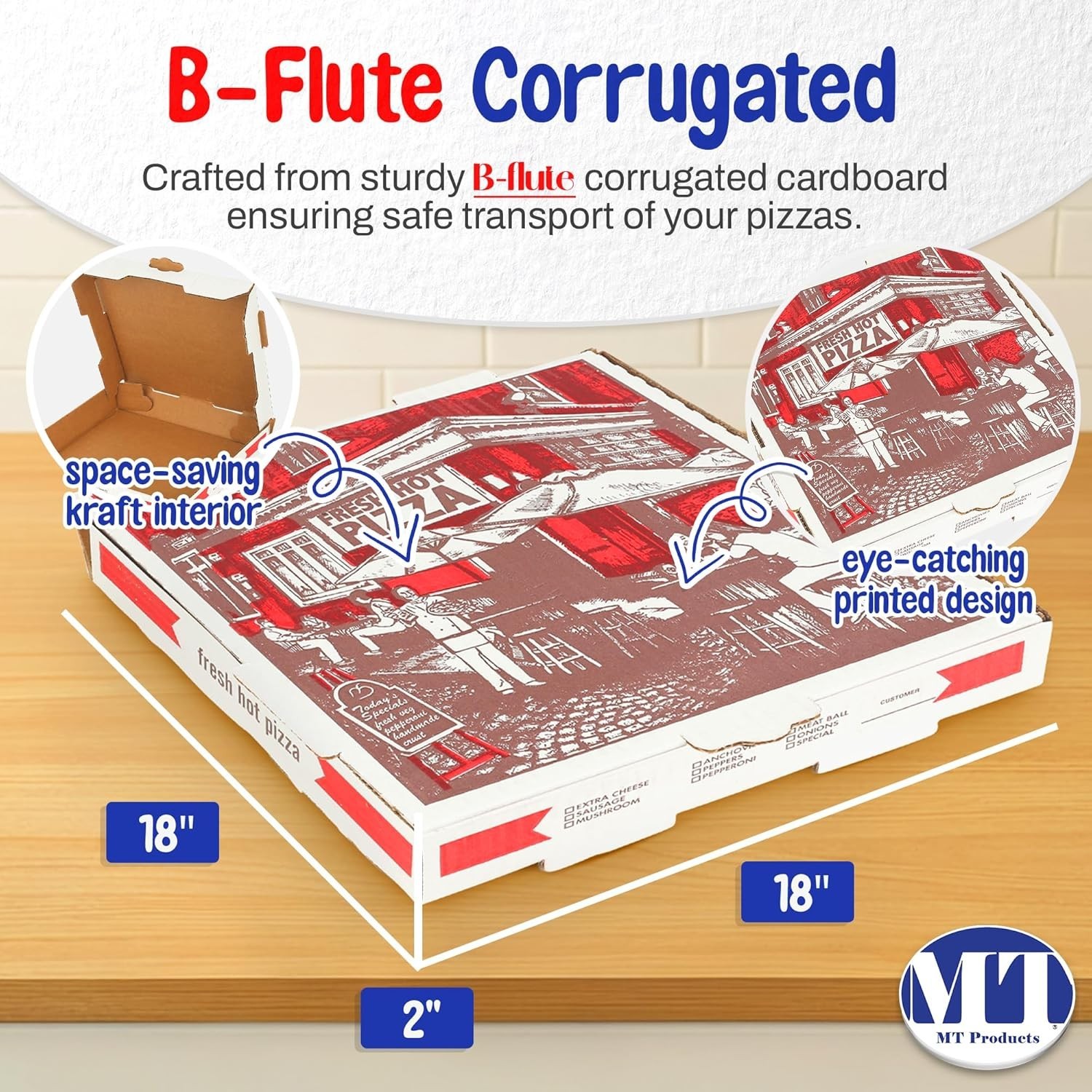 MT Products White and Red B-Flute Pizza Boxes 18″ x 18″ x 2″ – Pack of 50