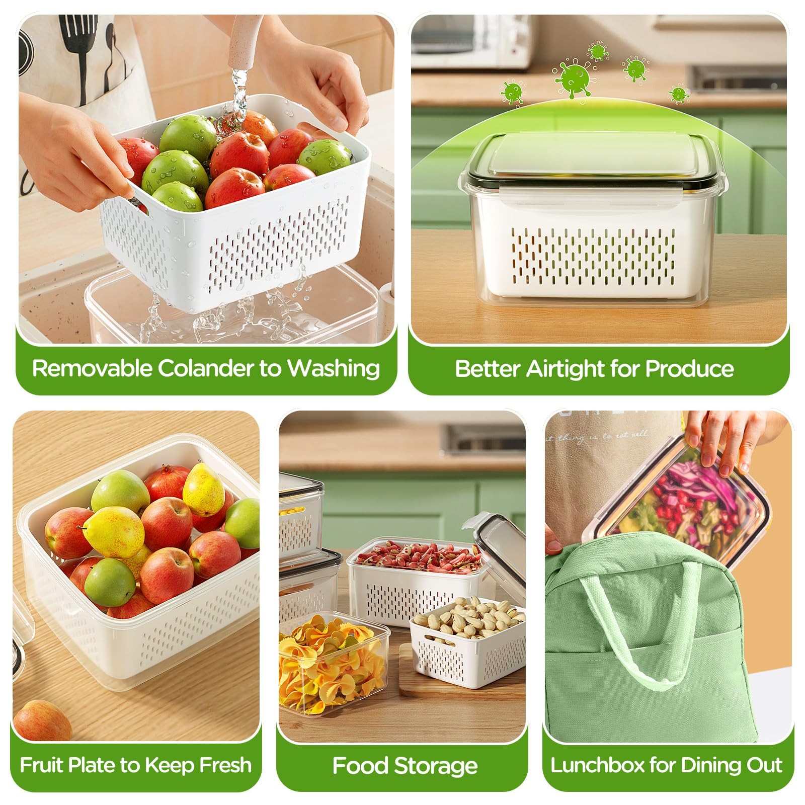 Fruit Storage Containers for Fridge, Produce Containers with Removable Colander