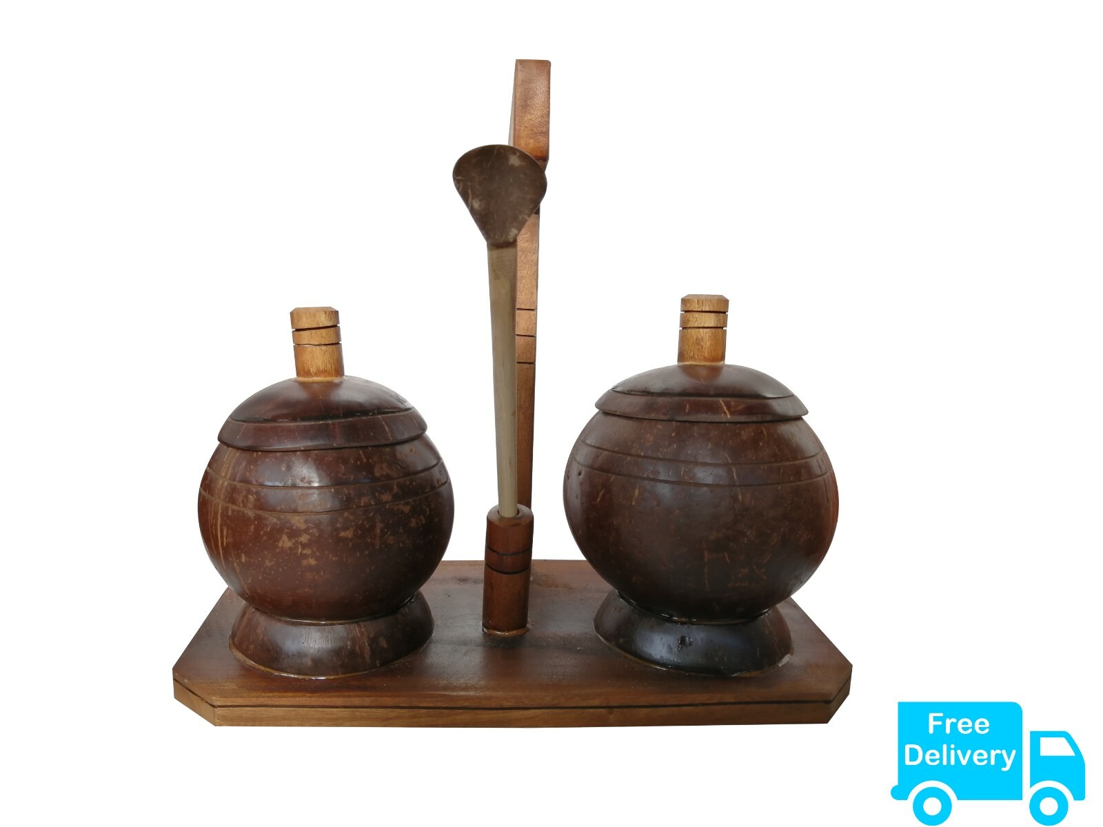 Eco friendly Organic, Handmade Coconut Shell Salt Container & Spoon Natural