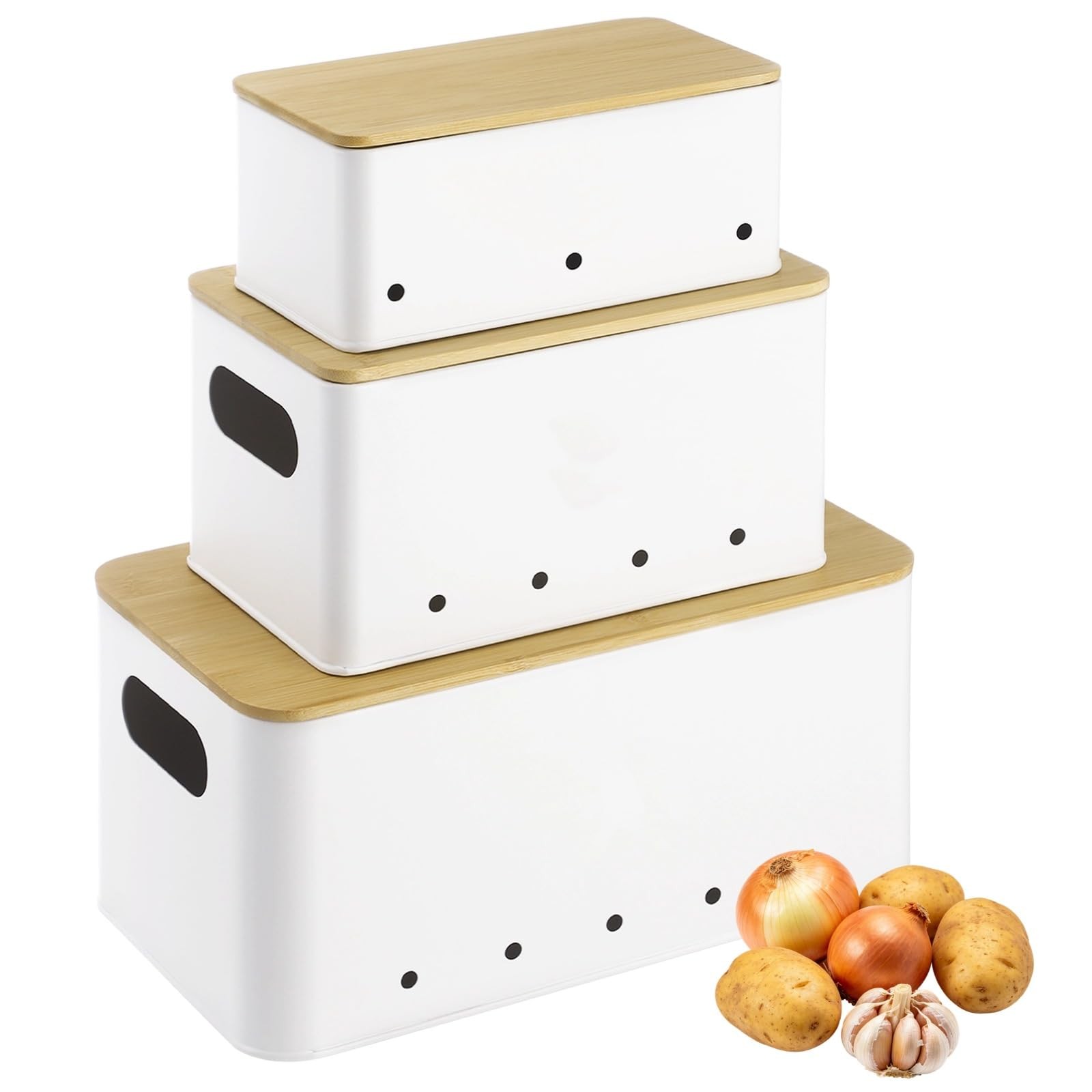 3 Pcs Kitchen Vegetable Storage Tins, Large Capacity Metal Potato Onion Garli…
