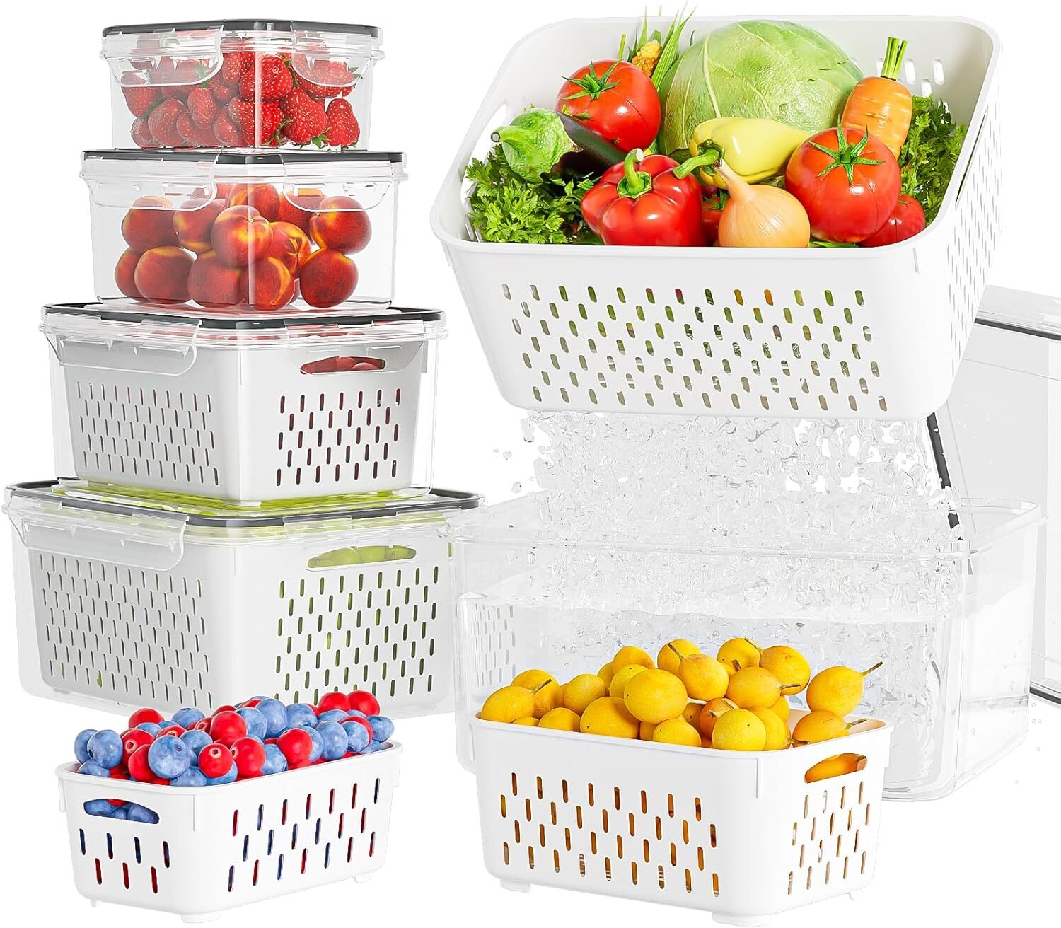 5 Pack Fruit Storage Containers for Fridge with Removable Colanders – Food St…