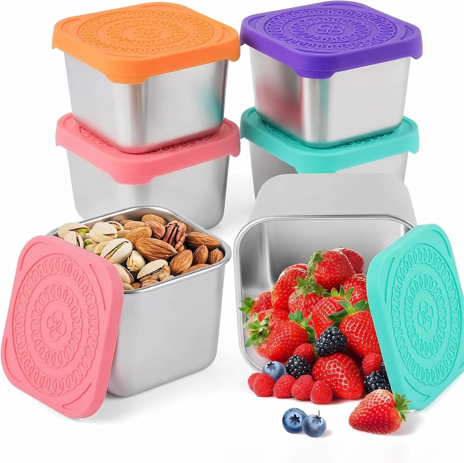 Set de recipientes de acero inoxidable para snacks con tapa de silicona a prueba