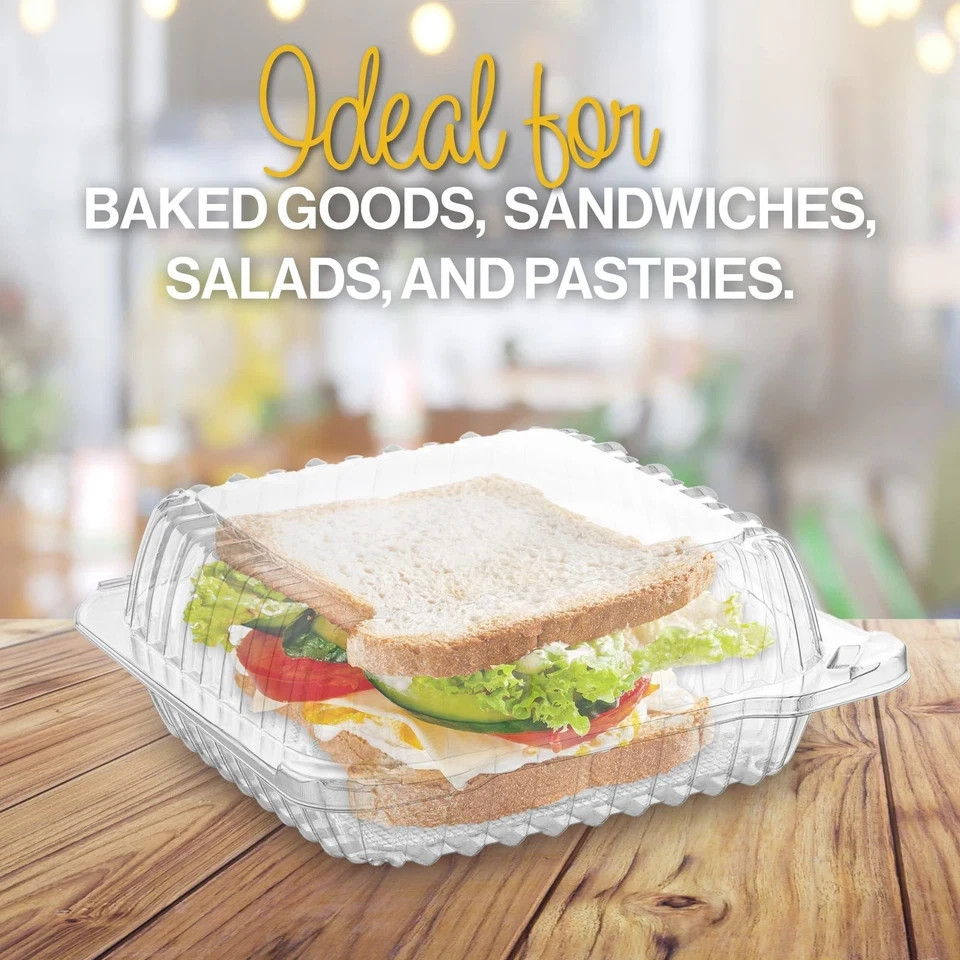 50 Clear Plastic Containers, 8″ X 8″ X 3″ Hinged Lid Togo Clamshell Food Cont…