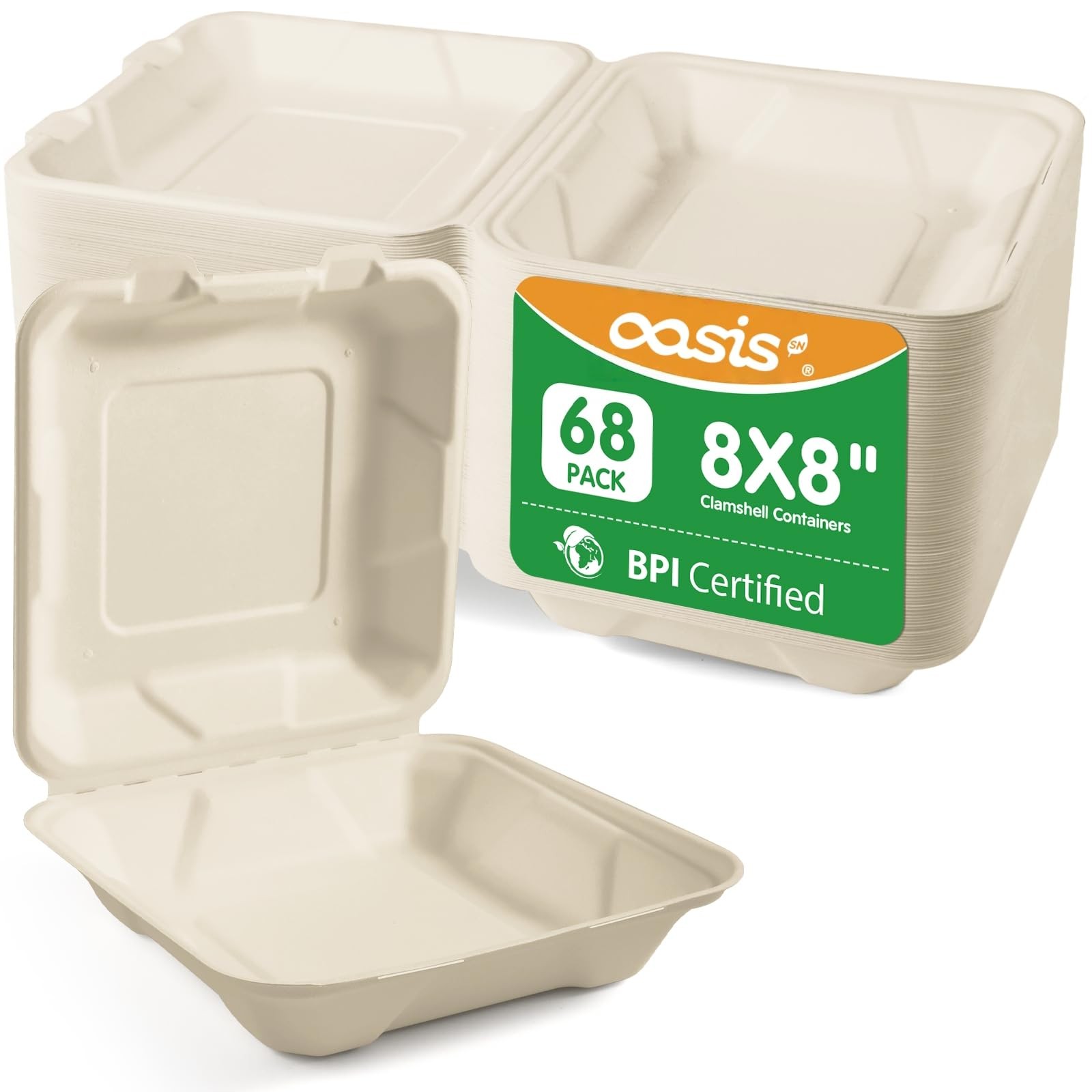 8×8″, 68-Pack Disposable Clamshell Take Out Food Containers, Biodegradable To…