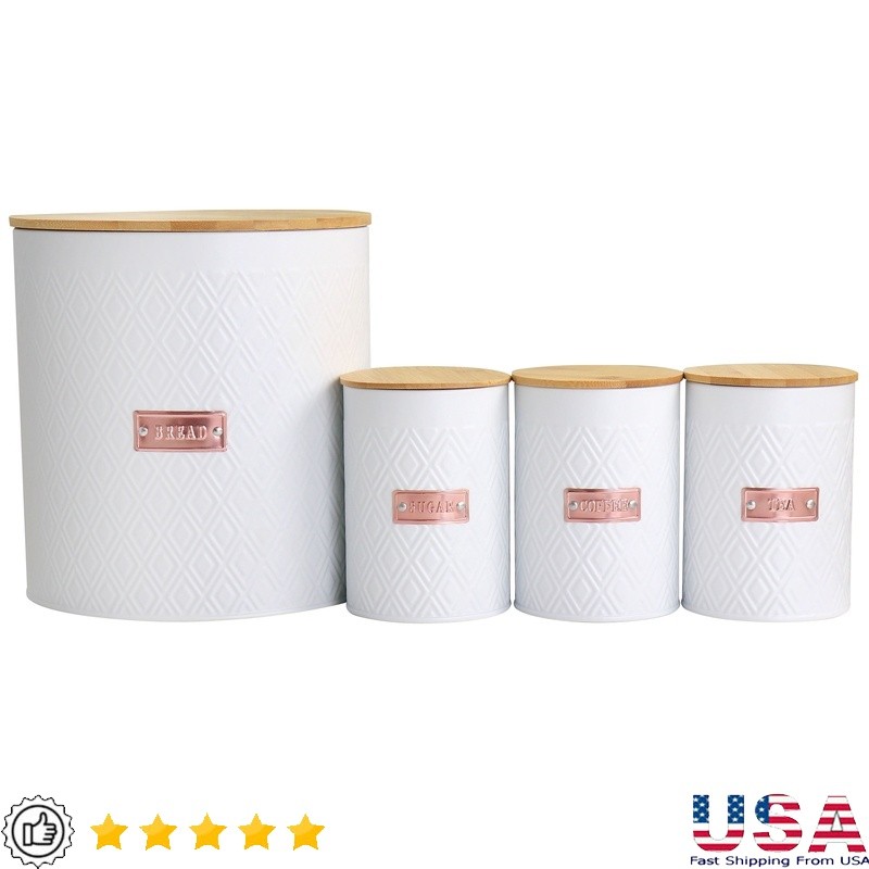 4 Piece Iron Canister Set Food Storage W/ Bamboo Lids Labels Embossed Design New
