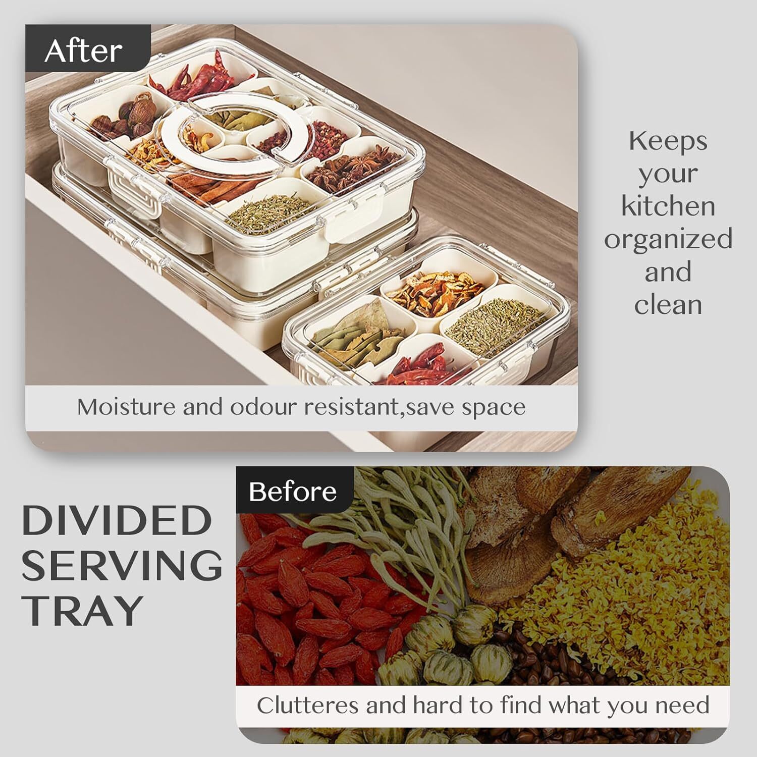 Portable Snack Box, 8 Compartment Divided Plate, Clear Organizer