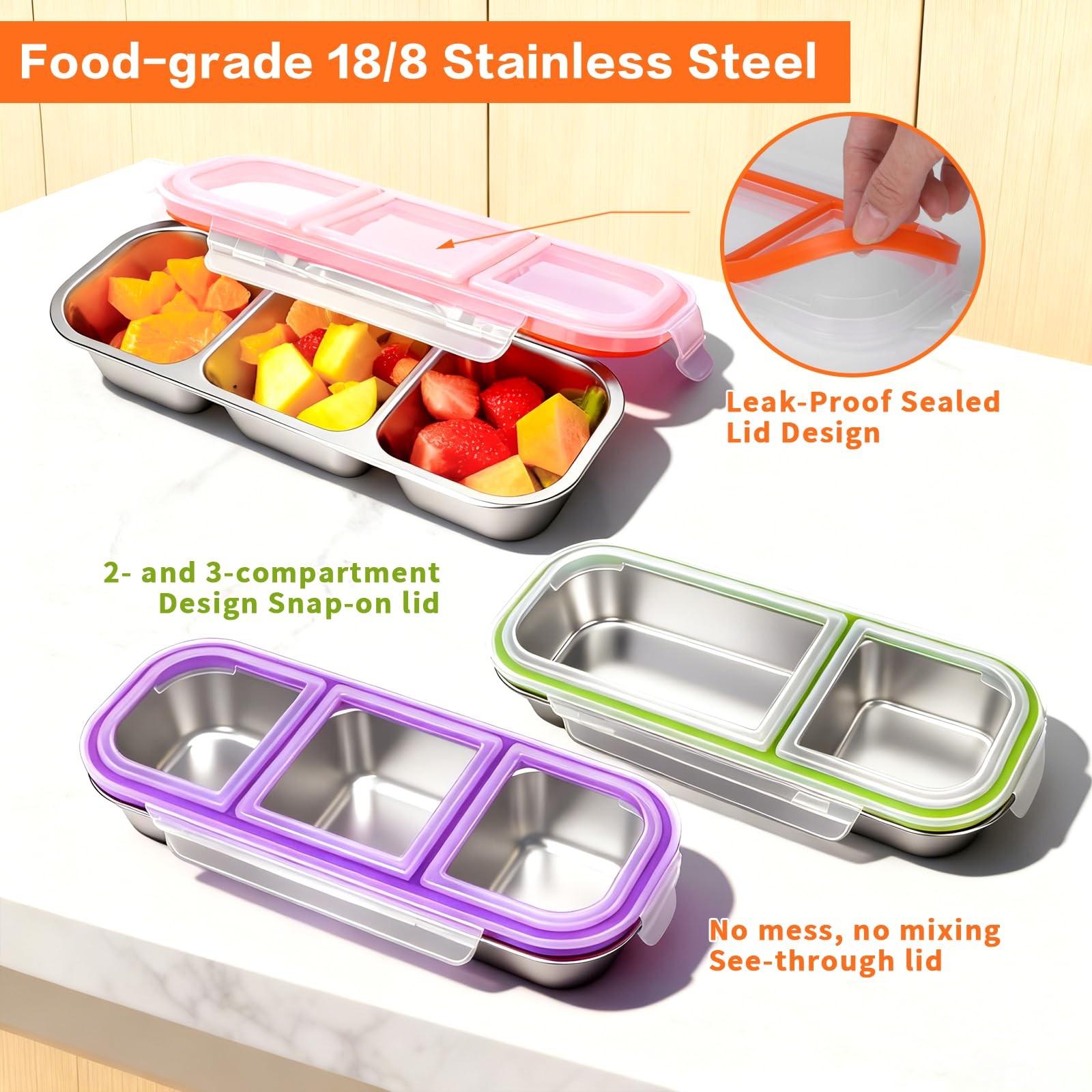 4 Pack Stainless Steel Snack Containers with Lids, 3-Compartments Reusable Lu…