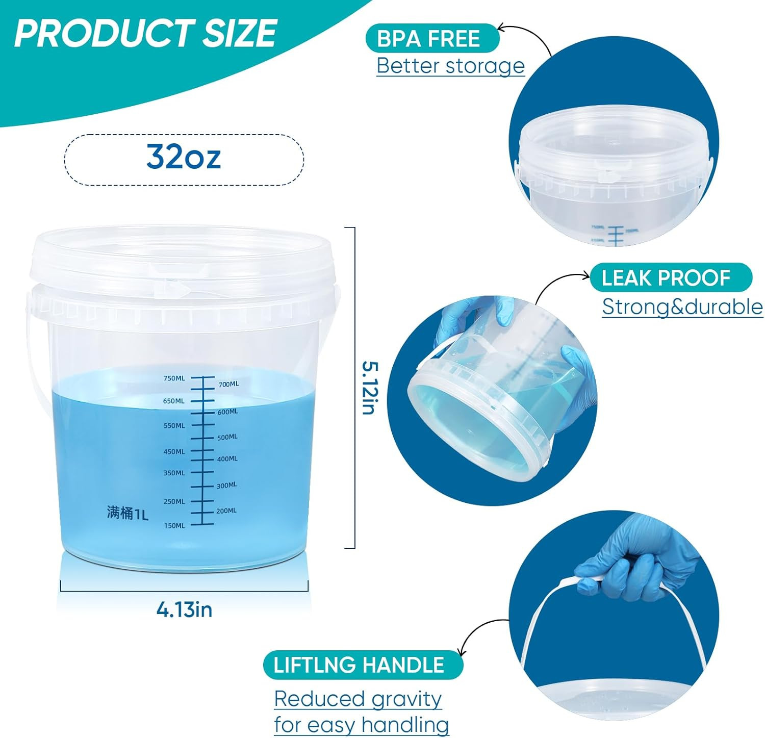Clear Bucket Graduated Pail Container with Lid, Food Grade Buckets, Cleaning Con