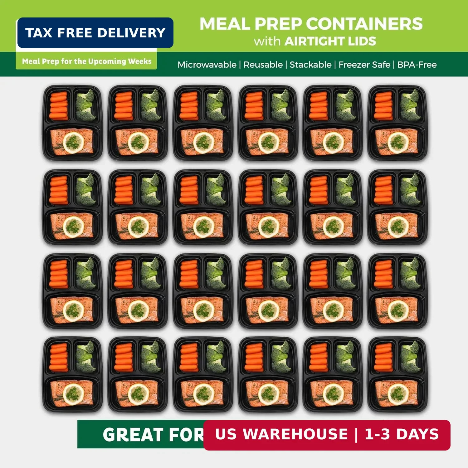 Freshware Meal Prep Containers [50 Pack] 3 Compartment Food Storage Containers w