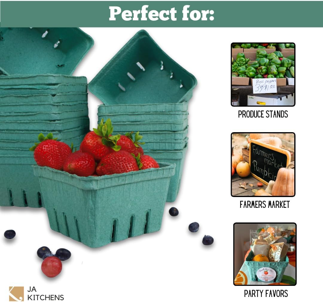 42 Pack QUART Green Molded Pulp Fiber Berry/Produce Vented Baskets for Fruit and