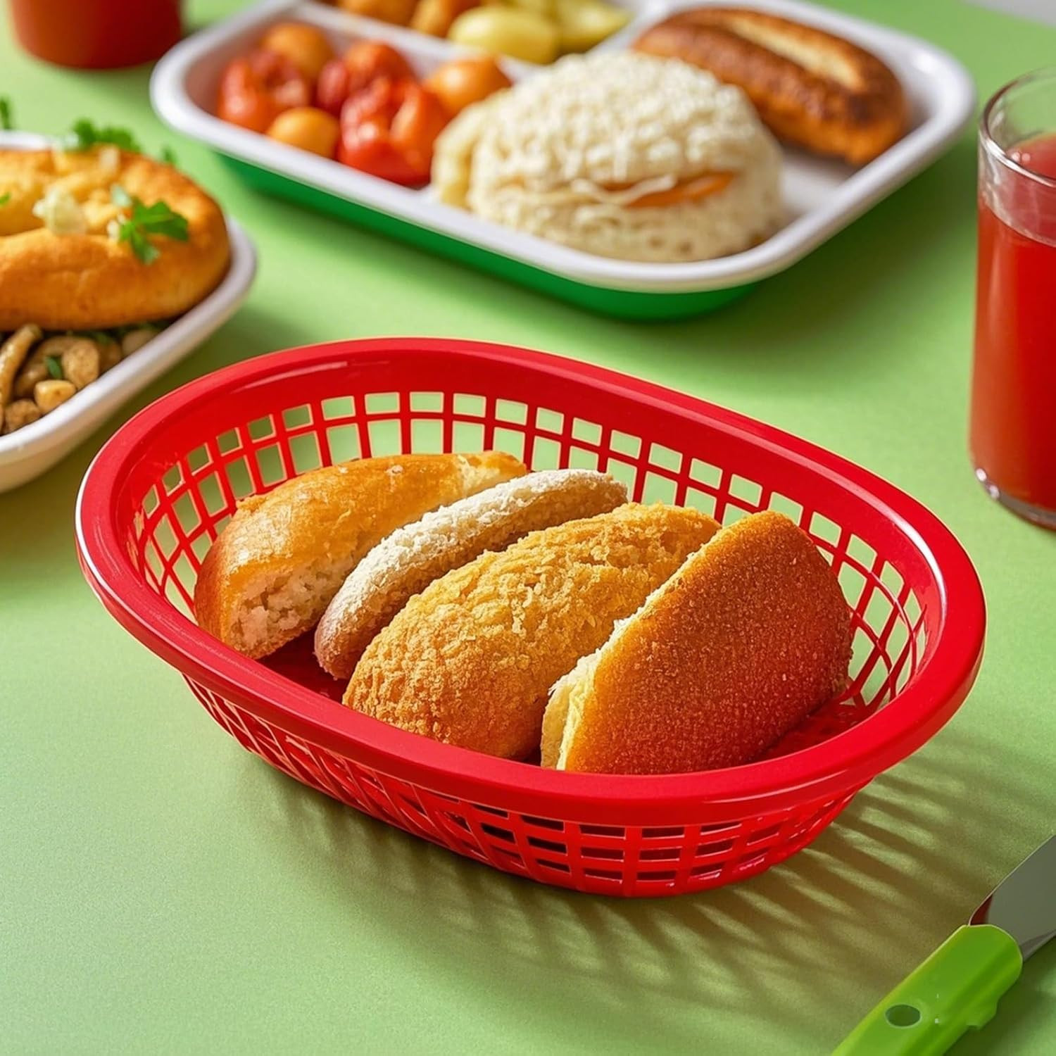 MOUYAT 50 PCS Red Plastic Baskets, 9 X 6 Inch Oval Fast Food Serving Baskets for