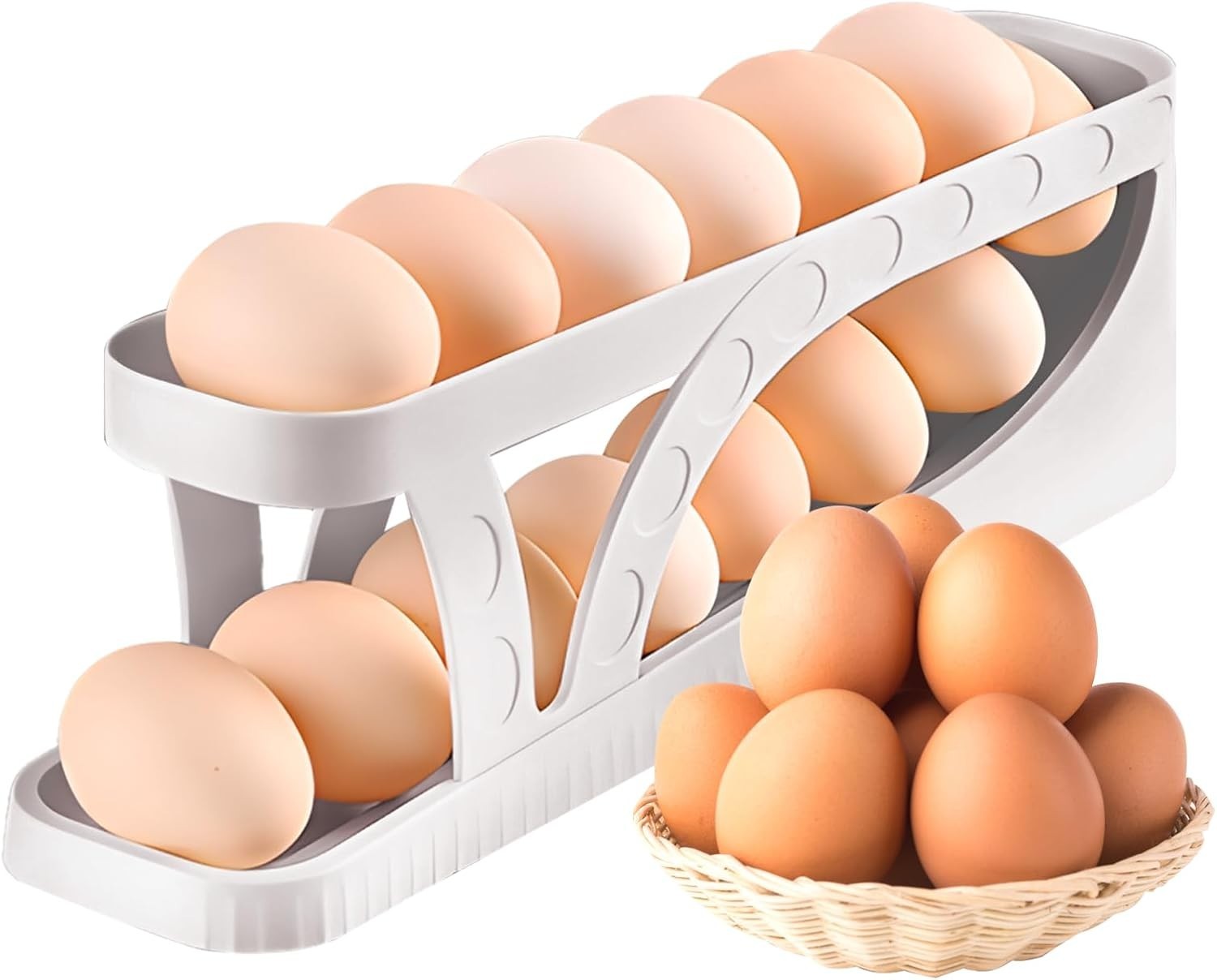 Automatic Rolling Egg Dispenser Organizer for Refrigerator 2-Tier Space-Saving