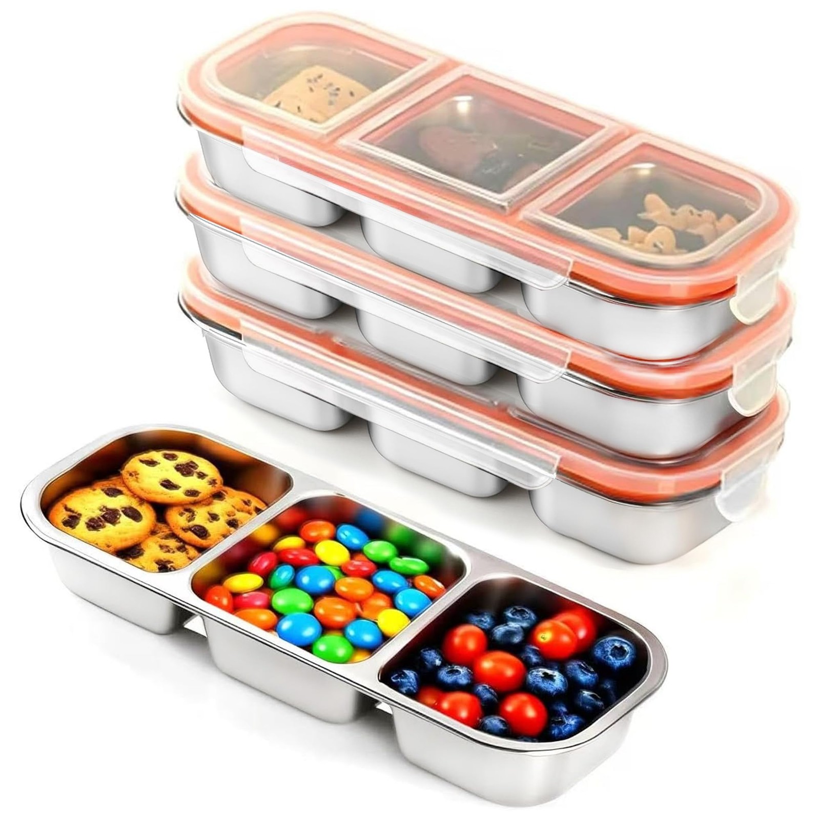 4 Pack Stainless Steel Snack Containers with Leak-Proof Lids, 3 Compartments …