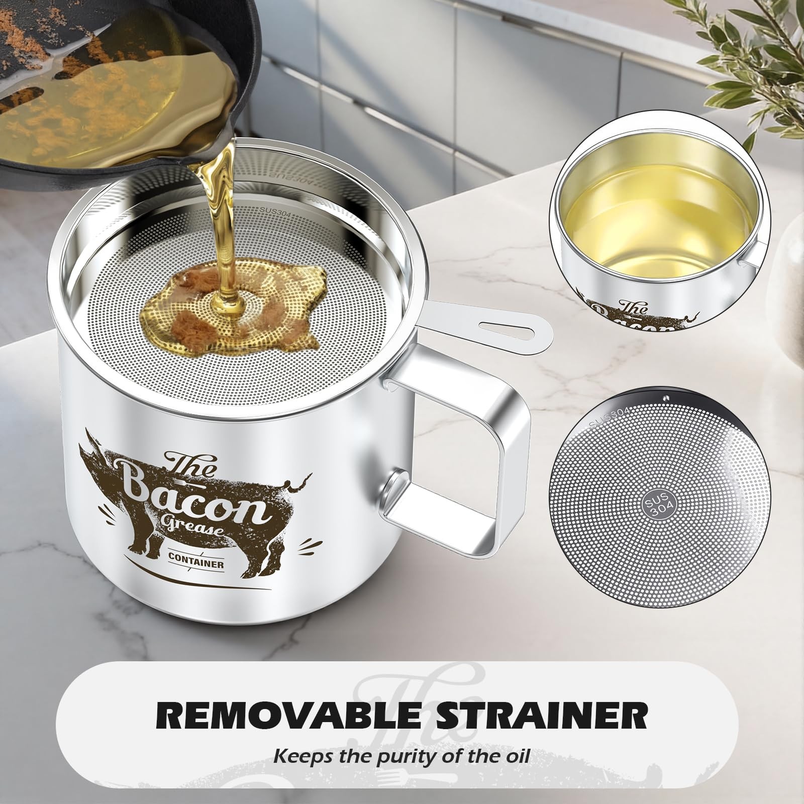 PGYARD Mini Bacon Grease Saver With Strainer 20 OZ Stainless Steel Oil Conta…