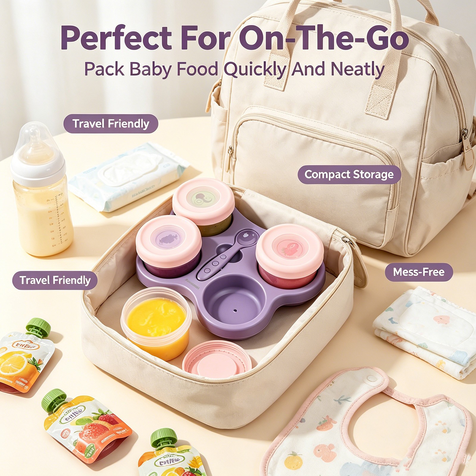 Leakproof Baby Food Storage Cups Set with Tray&Spoon Reusable for Infant Feeding