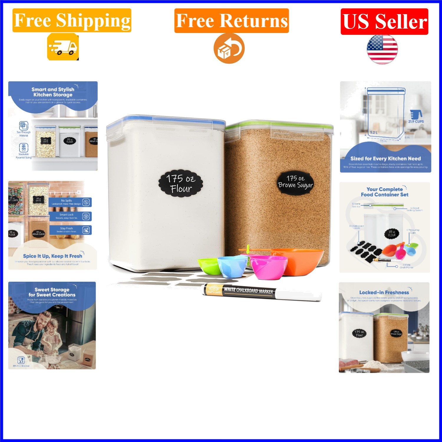 2-Pack 5.2L Airtight Food Storage Containers with Lids – Clear, Stackable, BP…