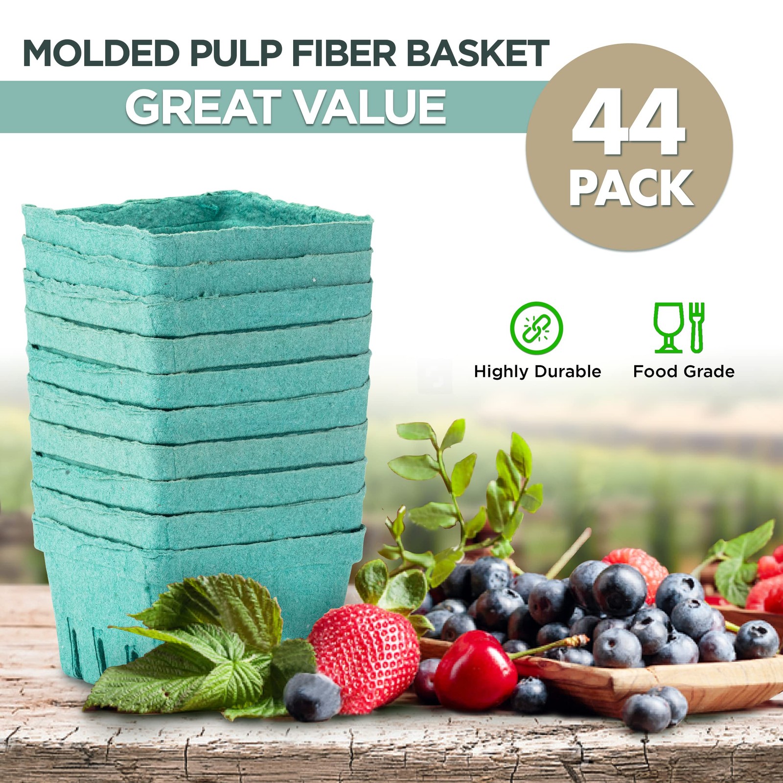 FMP Brands 44 Pack Pint Green Molded Pulp Fiber Berry Basket Produce Vented C…