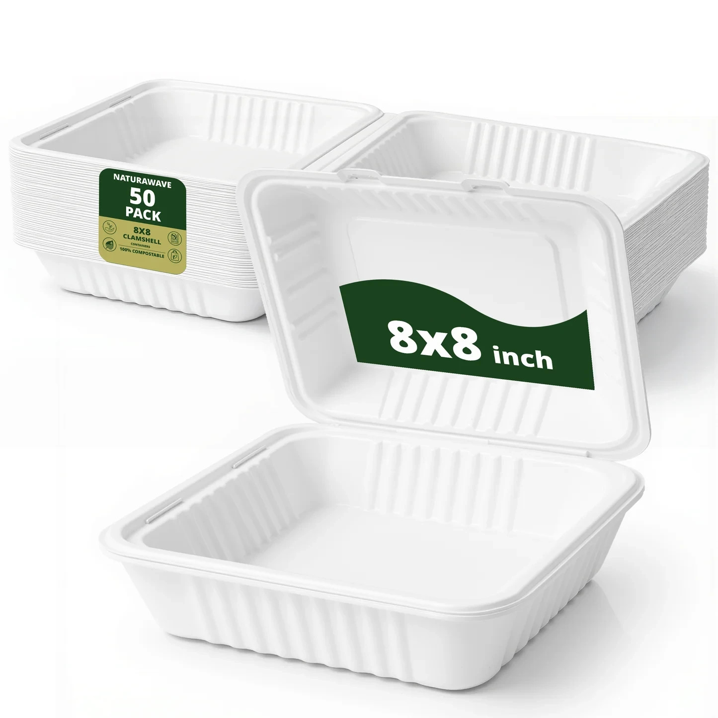 Naturawave Essentials 8″ x 8″ Compostable Clamshell Food Containers 50-Pack