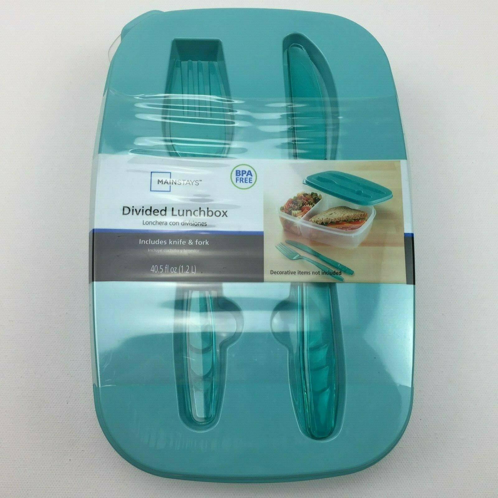 Divided Lunch Box Food Container Fork & Knife BPA Free Teal Lid Turquoise