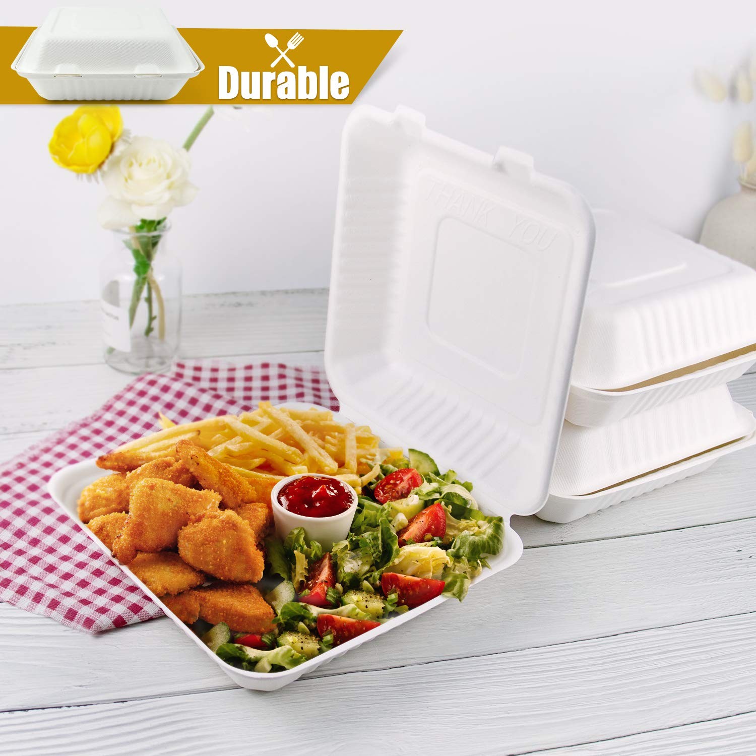200 Count 1-Compartment Bagasse Clamshell Food Boxes Compostable Takeout Party