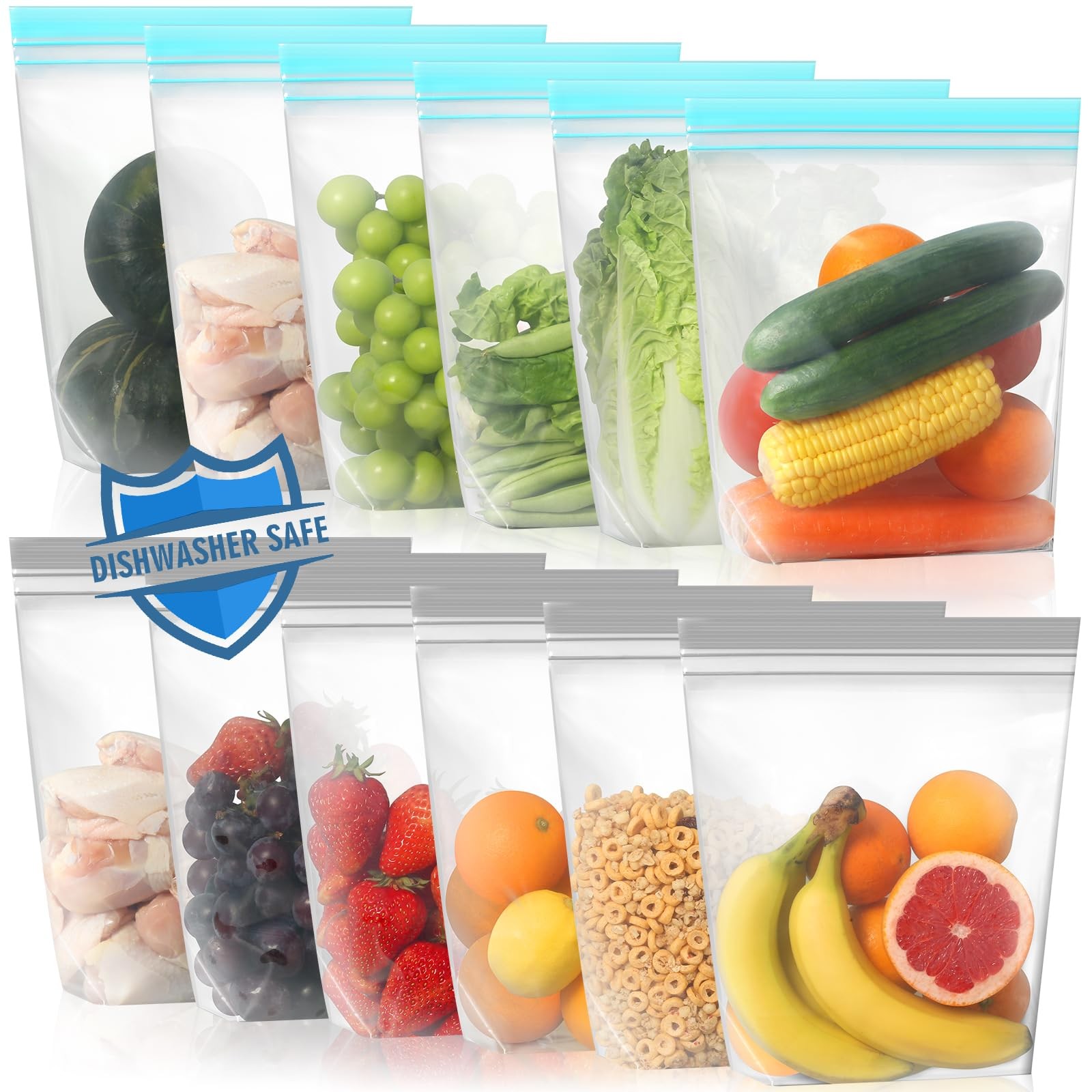 12 Pack Reusable Gallon Freezer Bags Dishwasher Microwave Safe, Stand Up Reus…