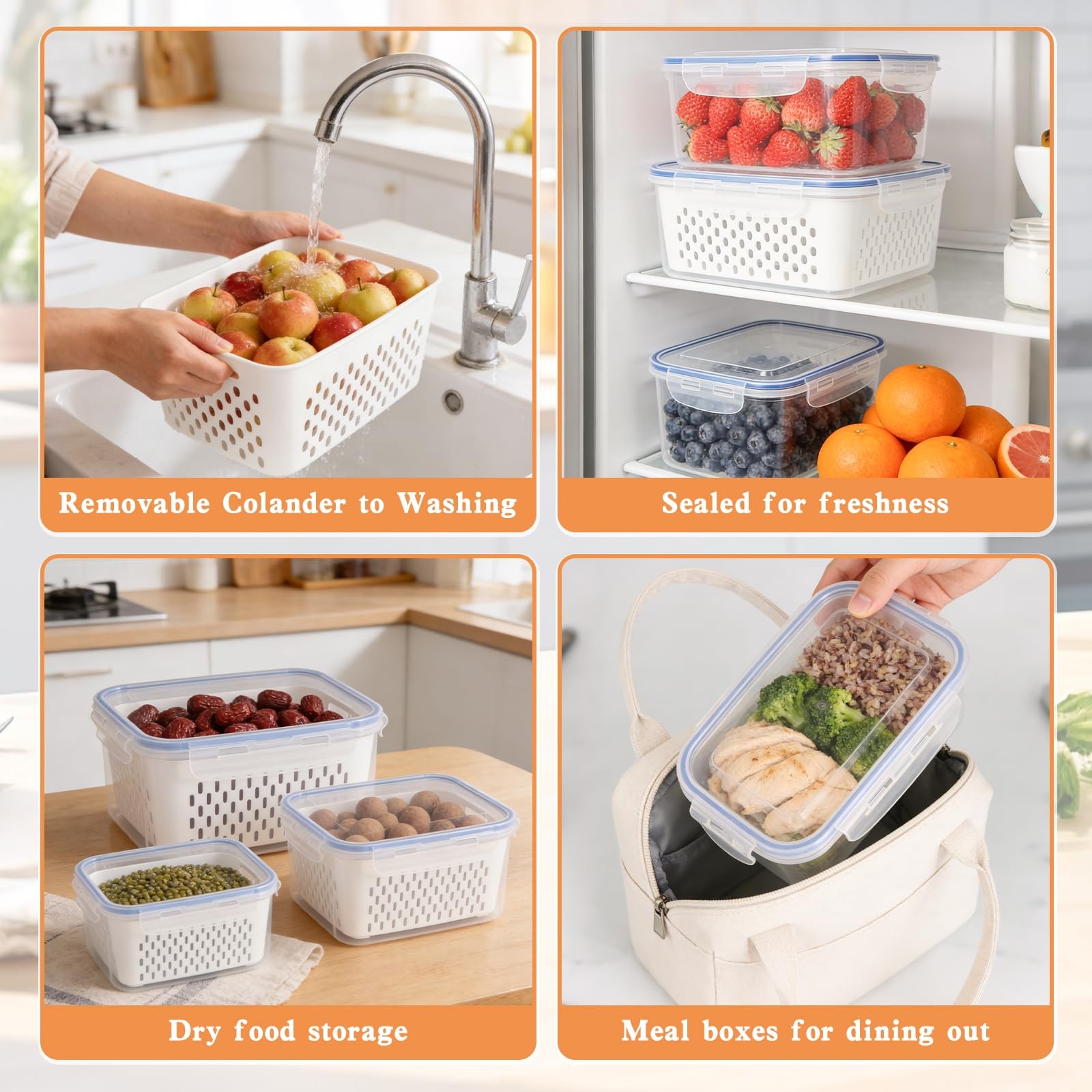 4 in 1 Fruit Storage Containers for Fridge, approx. 15.5 x 10.5 x 8 cm, White