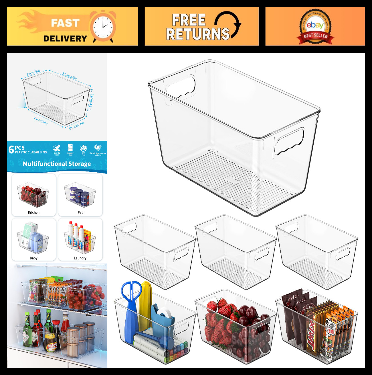 6 Pack Clear Storage Bins Set – Fridge & Pantry Organizer Containers with Handle