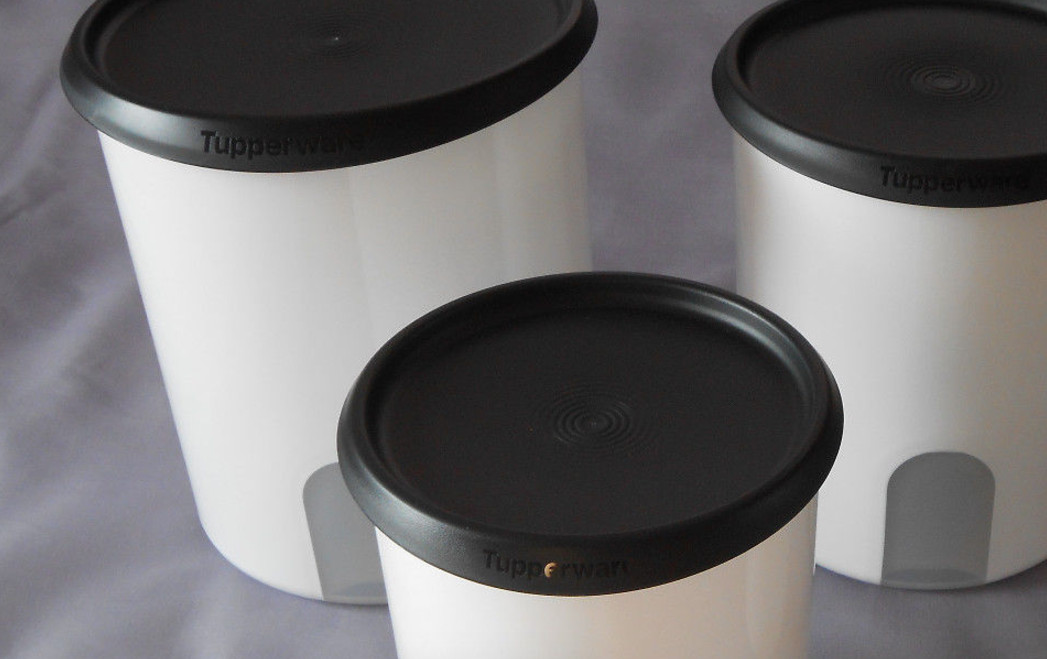 Tupperware Reminder Window Canisters & Toppers Set White w/ Black Seals Lids New