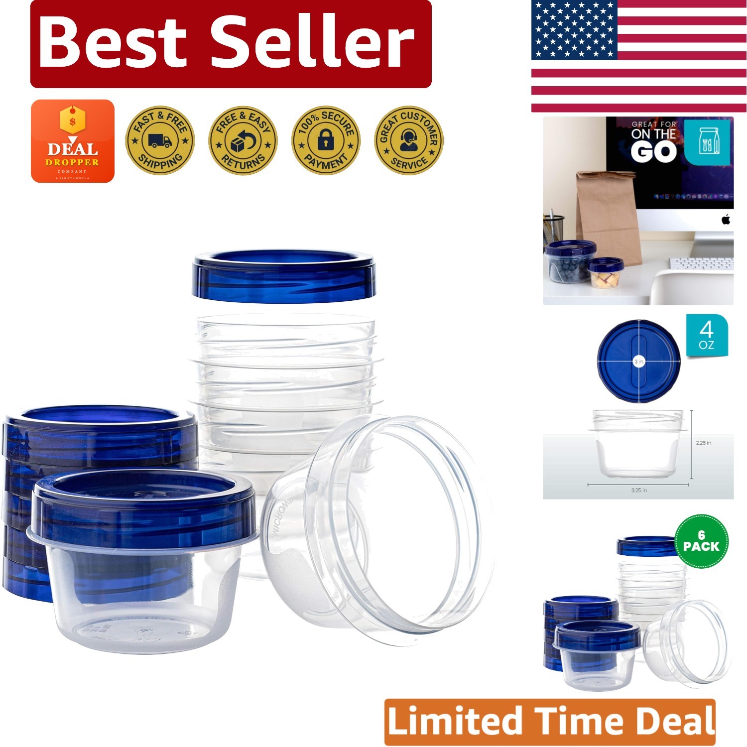 6-Pack 4 Ounce Clear Deli Containers with Blue Twist Lids – Airtight & Reusable