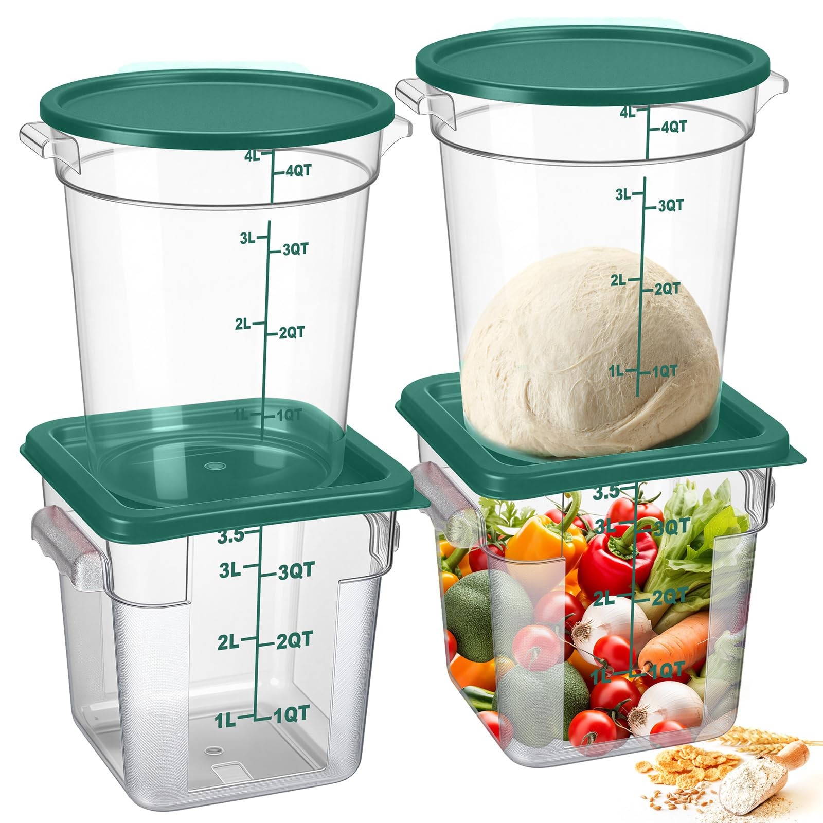 4 Pcs Food Storage Container with Lids Set 4 Qt Square and Round Clear PC Com…