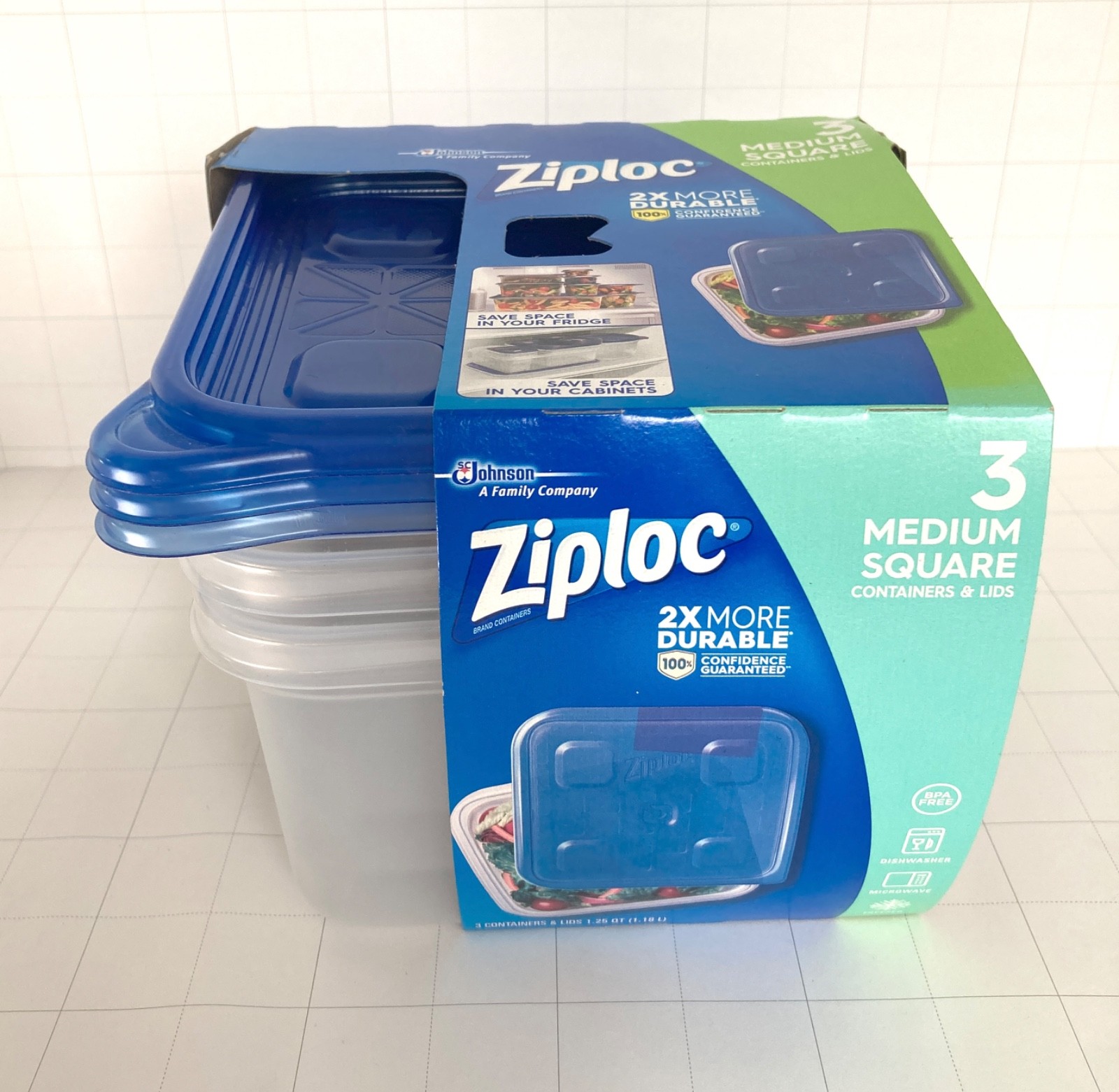 NEW Ziploc Containers, Medium Square, 3 count (Pack of 1) Clear 1.25qt