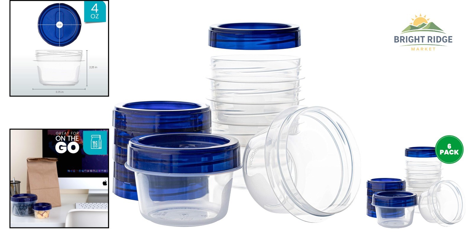 Clear Round Deli Containers with Blue Twist Lids for Food Storage 6 Count