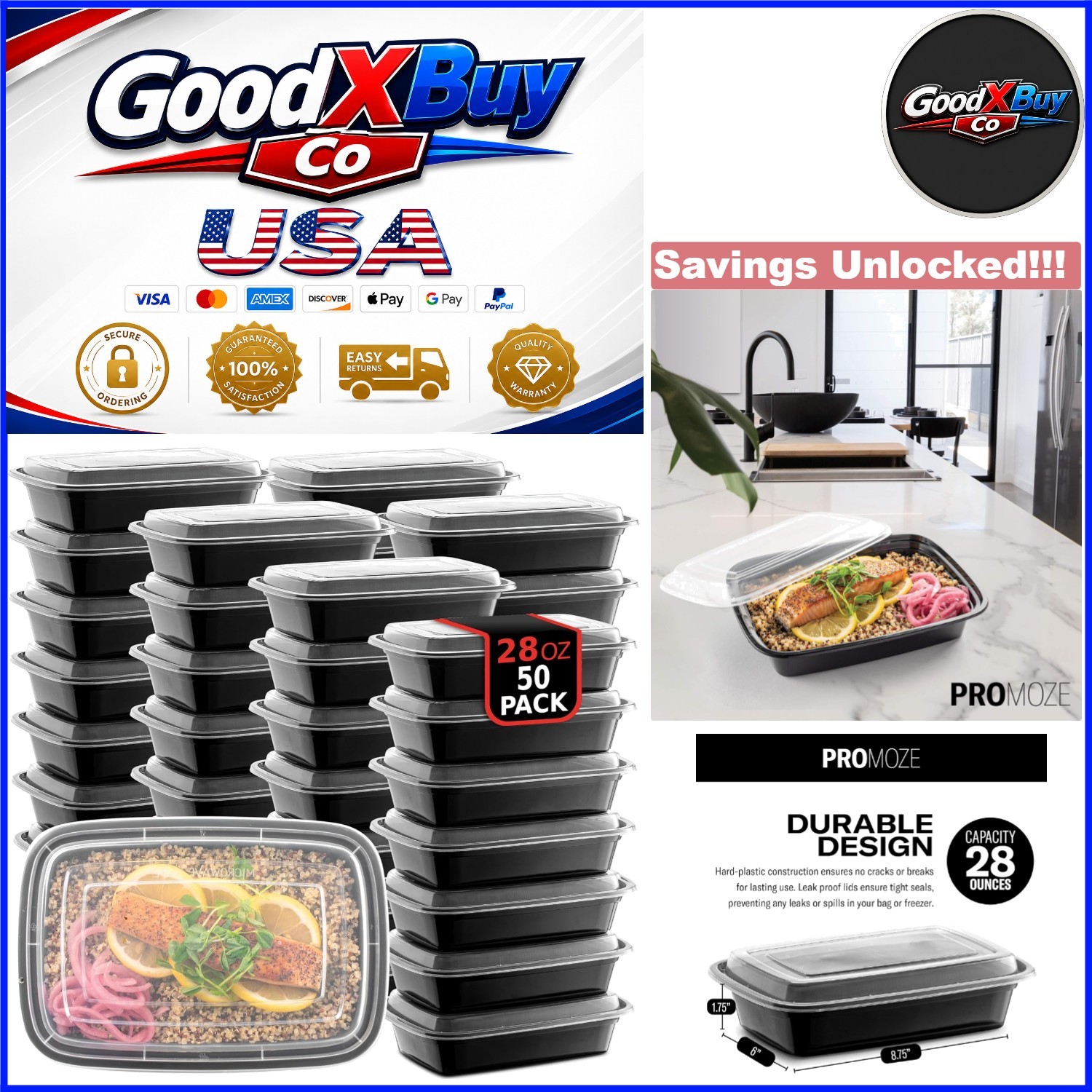 50 Pack Reusable Plastic Meal Prep Containers 28oz Leakproof BPA Free