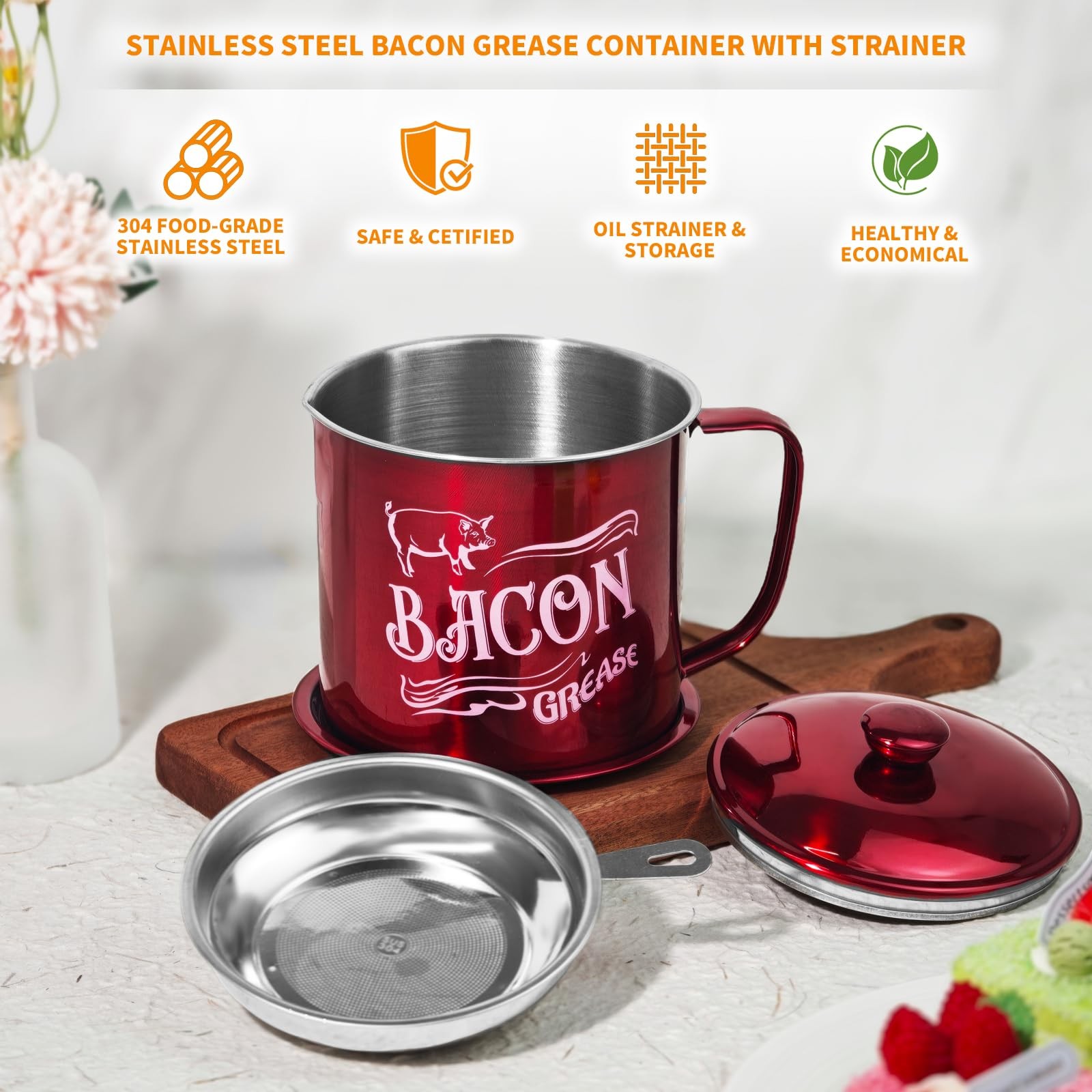 1.3L Bacon Grease Saver Container with Fine Mesh Strainer,Stainless Steel Oil Ke