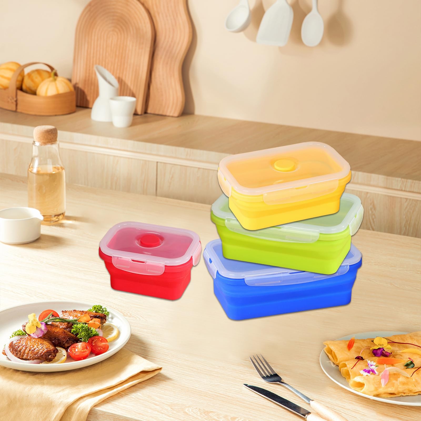 XPAPOV 4 Collapsible Food Storage Containers, 41oz, Red, Yellow, Green, Blue