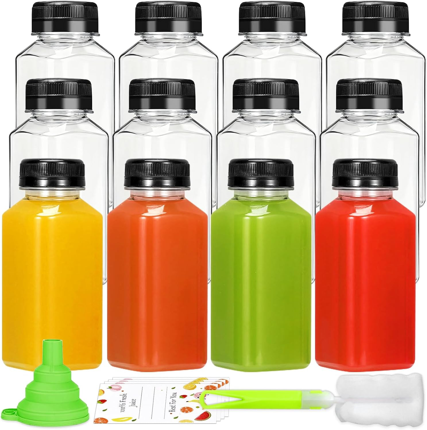 12 Botellas Jugo 8oz Plastico Con Tapa Reutilizable Para Leche Agua Smoothie